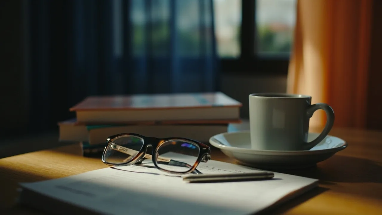 Blog proindiviso: gafas, guías y café sobre un escritorio de madera