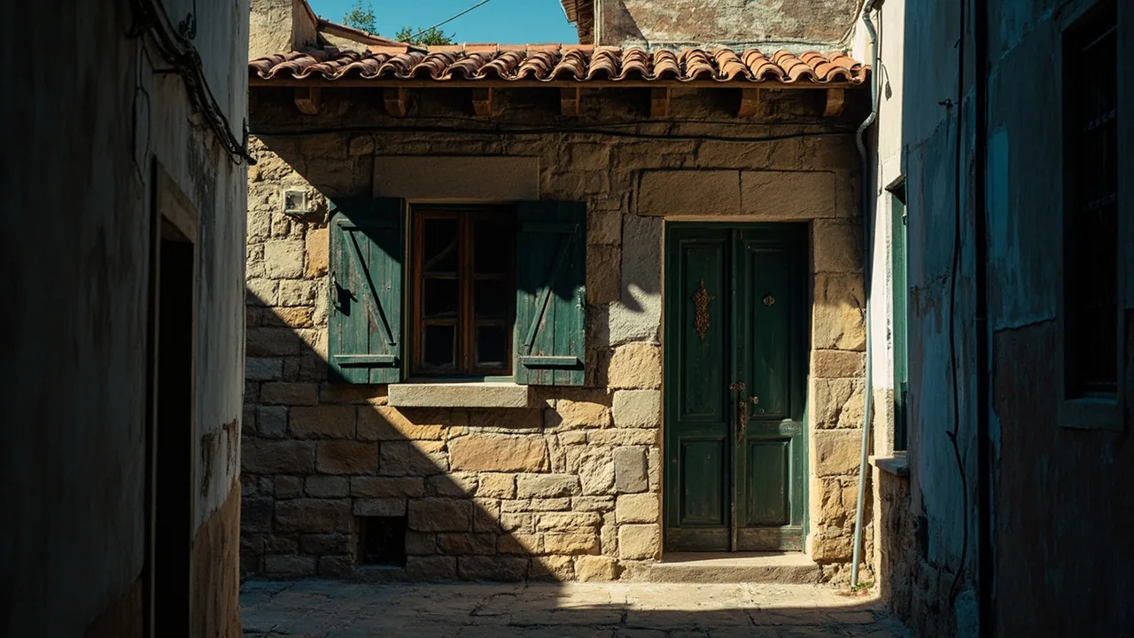 Casa del pueblo heredada entre hermanos: fachada de piedra con puerta de madera