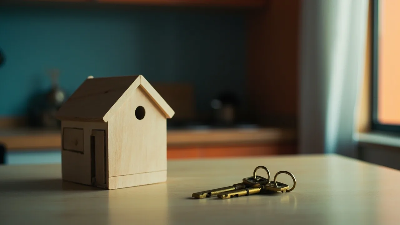 Comprar la parte de mi hermano: casa de madera en miniatura con dos llaves sobre la mesa de la cocina