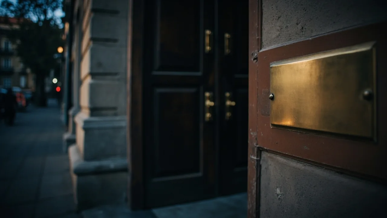 Notario extinción de condominio: puerta de una notaría con placa de latón lisa