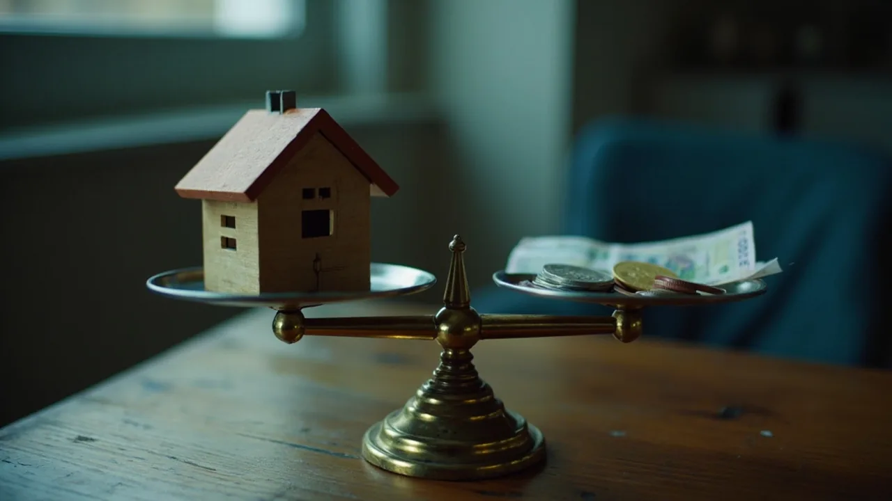 Cuánto me dan por mi parte de un piso: casita de madera en una balanza con monedas