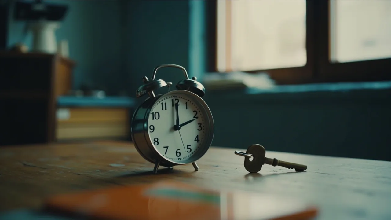 Cuánto tarda vender un proindiviso: reloj de mesa y llave de casa sobre un escritorio