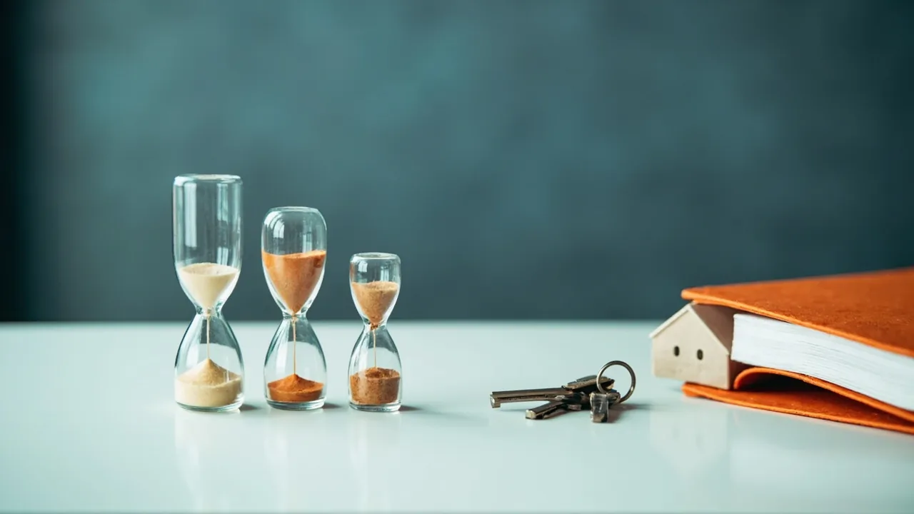 Cuánto tarda vender un proindiviso: tres relojes de arena junto a unas llaves y una carpeta