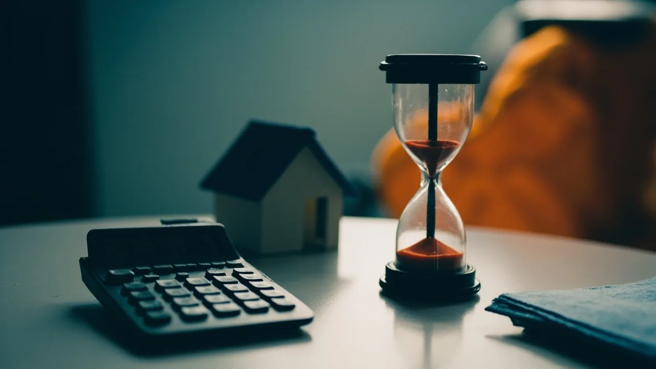 Cuánto vale la nuda propiedad: calculadora, reloj de arena y casita sobre un escritorio