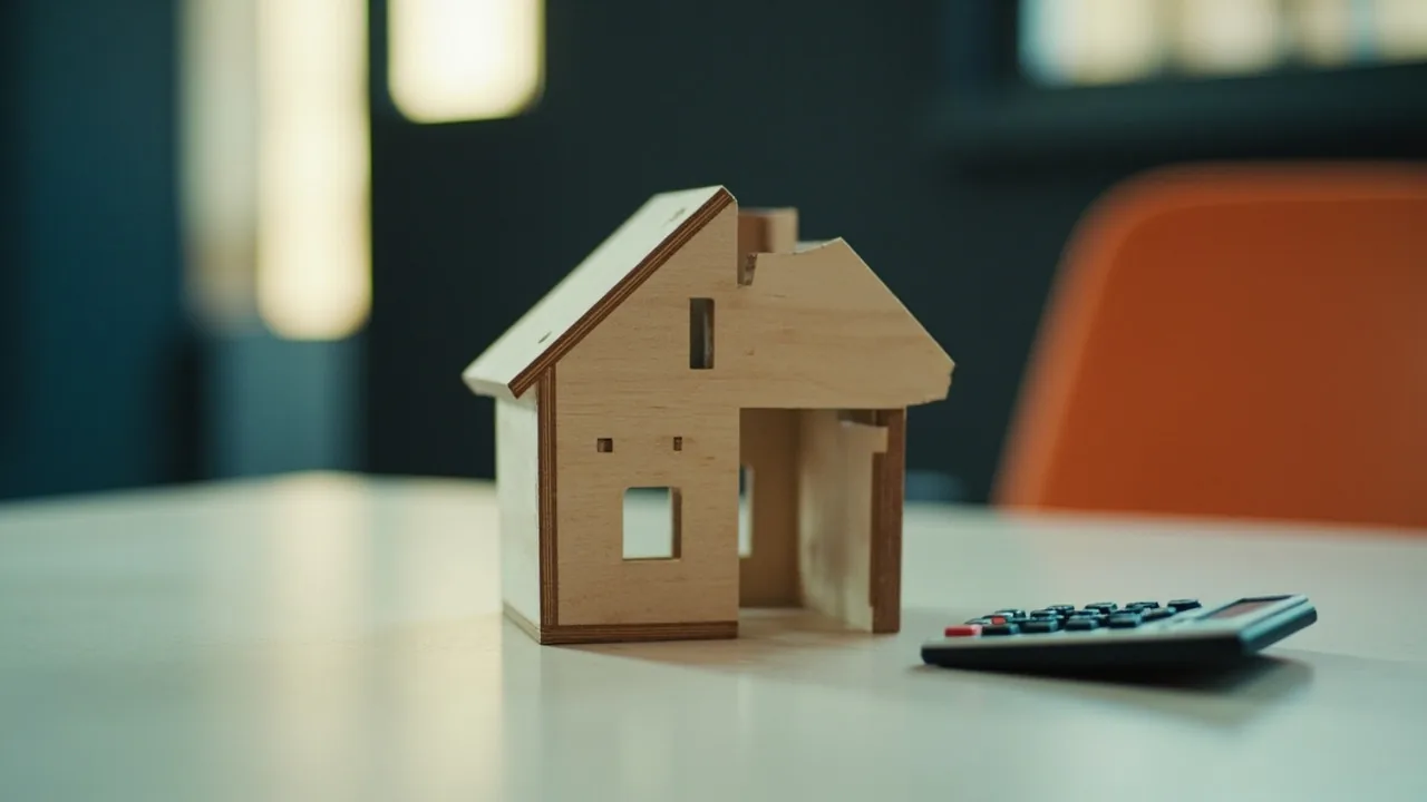 Cuánto vale la nuda propiedad: casa de madera partida en dos partes desiguales junto a una calculadora