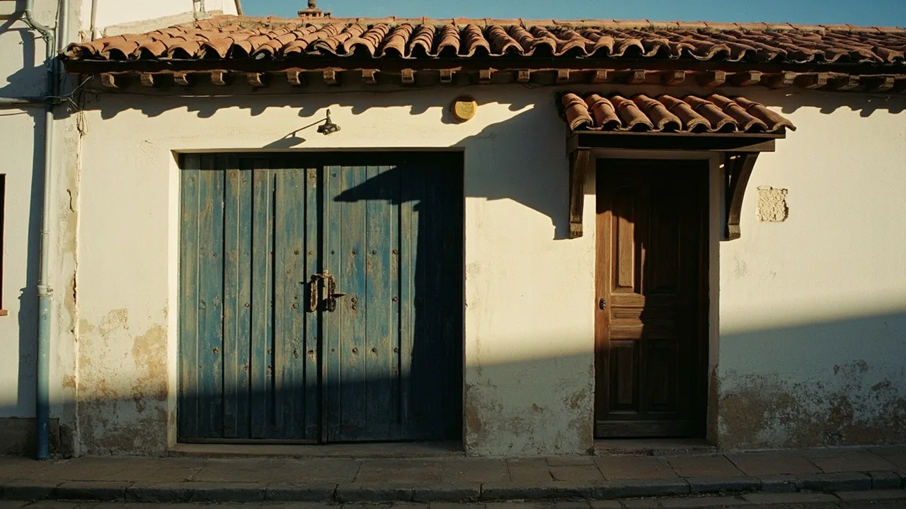 Colación hereditaria: fachada de una casa de pueblo con puerta de madera al atardecer
