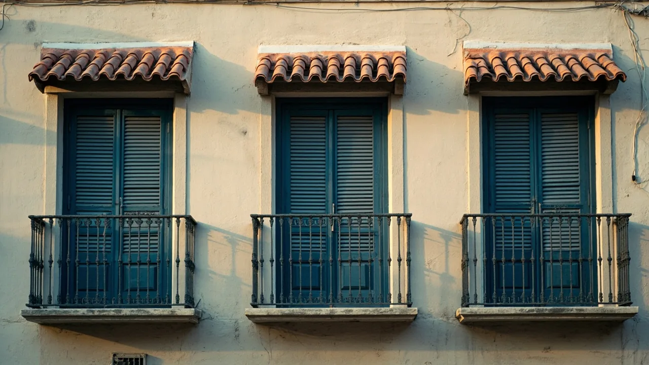 Condominio: fachada de un edificio de viviendas con tres balcones iguales al atardecer