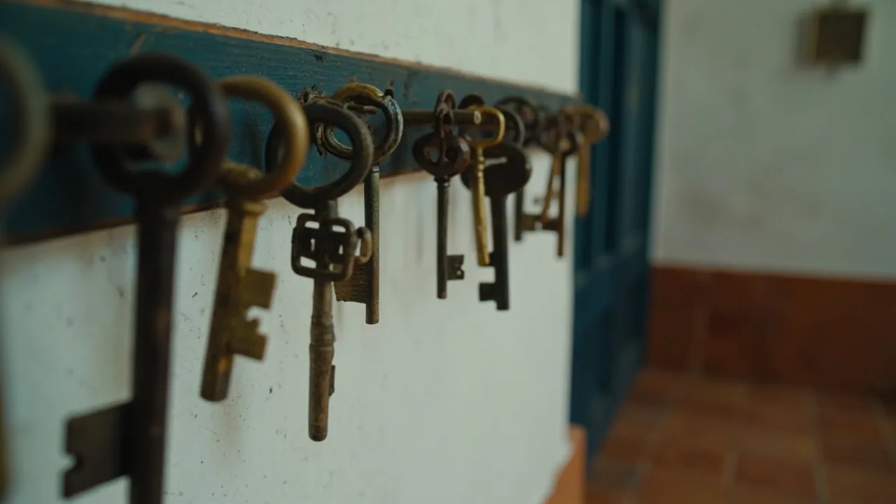 Diccionario del proindiviso: llaves de latón colgadas en una pared encalada de una casa española