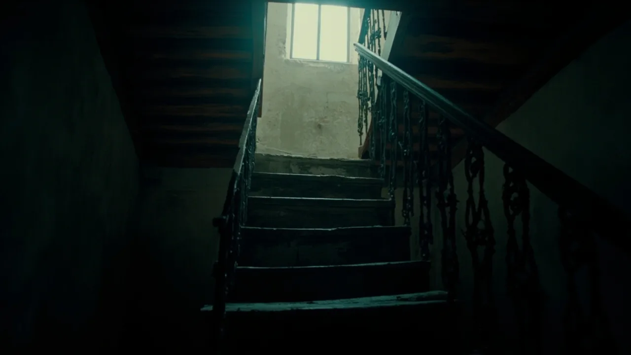 Derecho hereditario: escalera de madera antigua de una casa familiar iluminada desde arriba