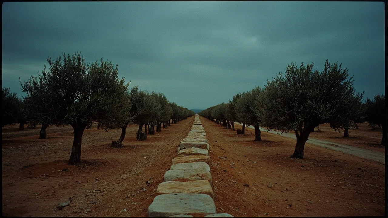 División material: finca de olivos partida por un muro de piedra seca al atardecer