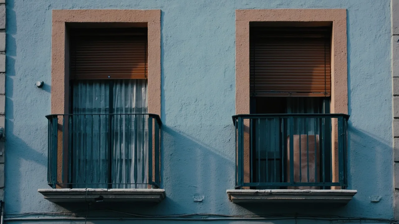 Hipoteca compartida: dos balcones gemelos de un bloque de viviendas español al atardecer