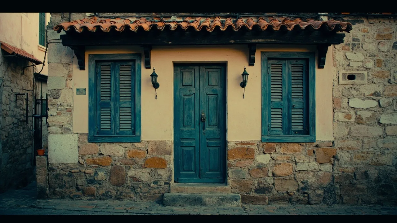 Indivisión: casa de pueblo española de piedra con una sola puerta y dos ventanas distintas