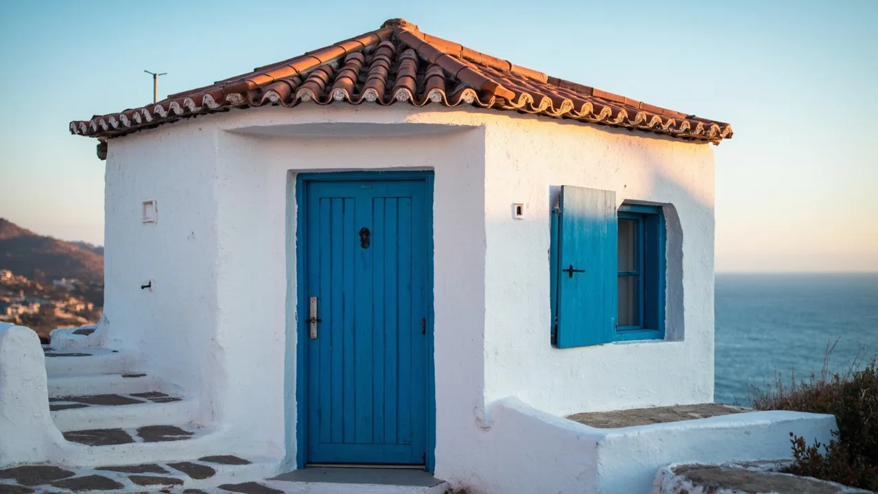 Legado: pequeña casa blanca de la costa mediterránea española con puerta azul y tejado de teja