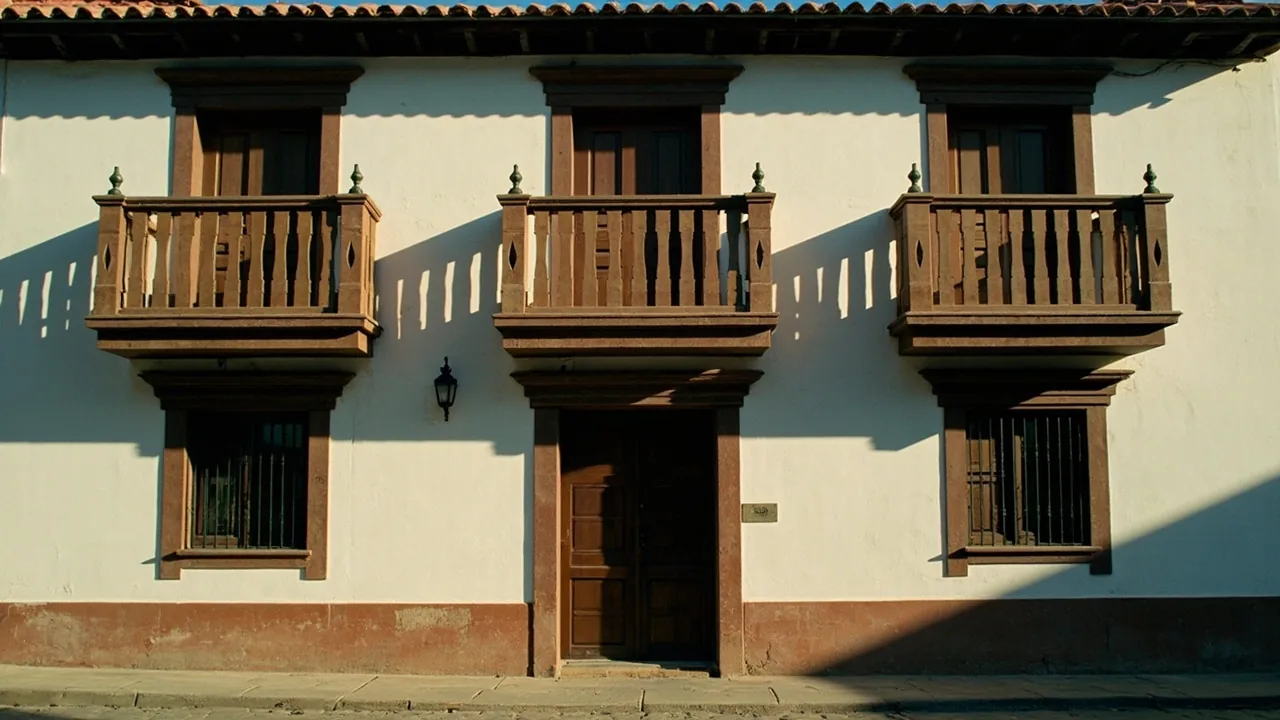 Legítima: fachada de una casa española con tres balcones iguales de madera al atardecer