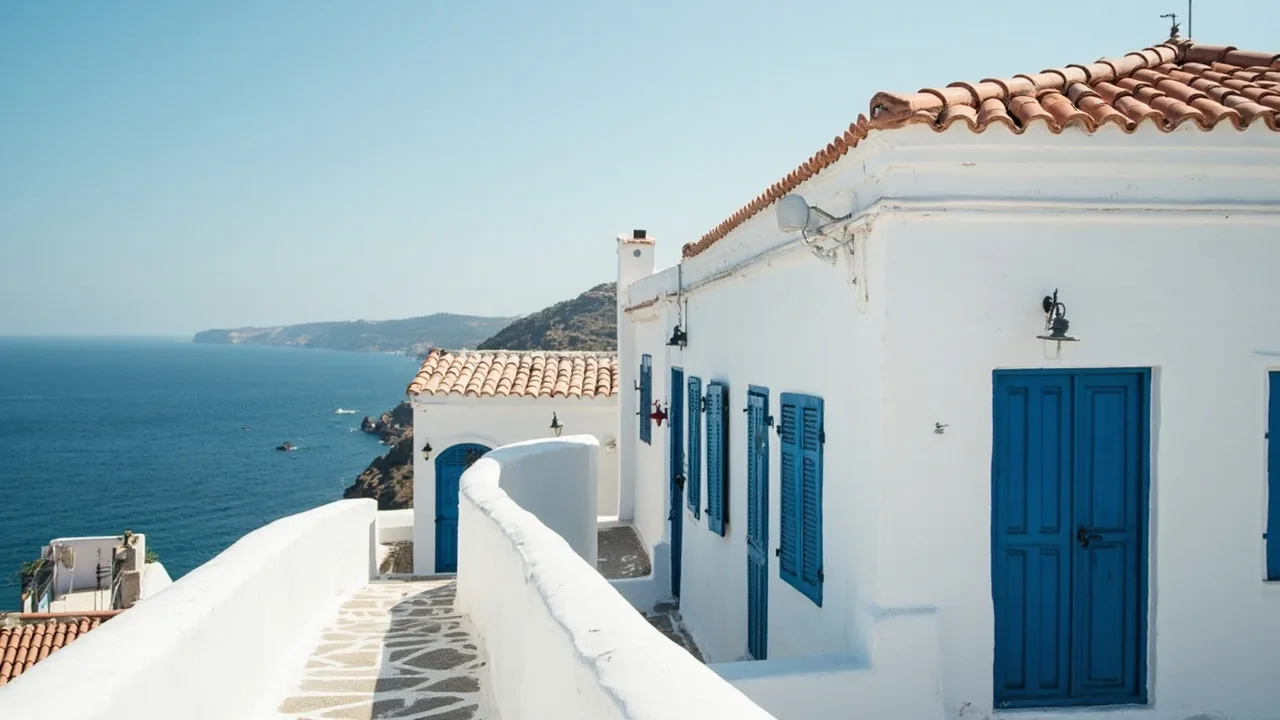Modelo 211: casa blanca con contraventanas azules frente al mar en la costa española