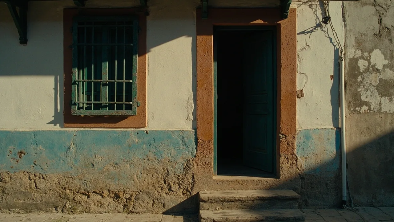 Precario: fachada de una casa de pueblo con puerta de madera y contraventanas verdes