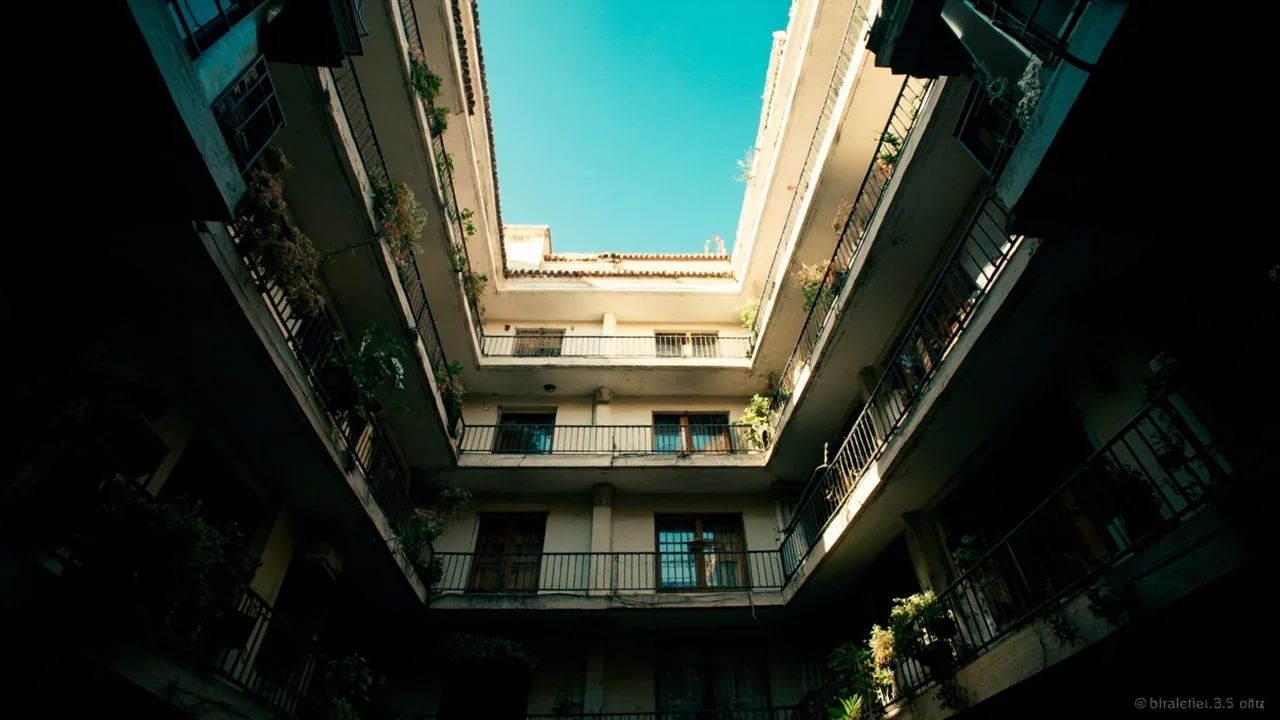 Propiedad horizontal: patio interior de un edificio de viviendas con balcones y plantas