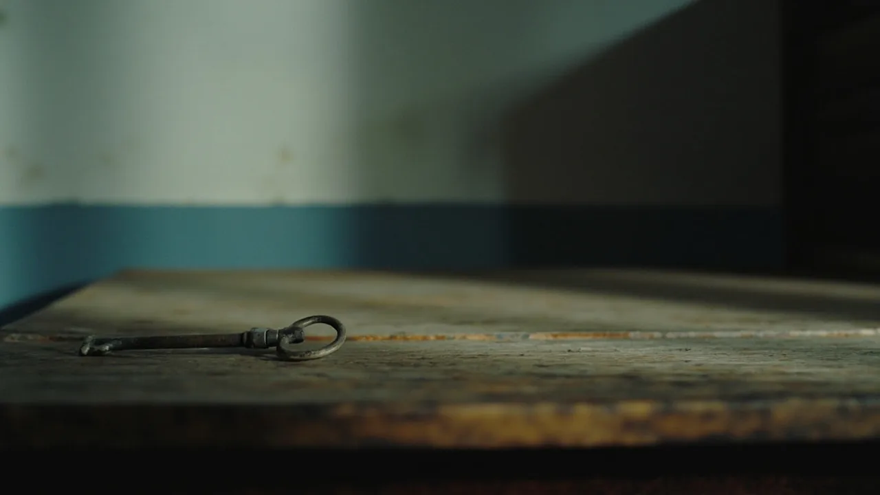 Título de propiedad: llave antigua sobre una mesa de madera en una casa