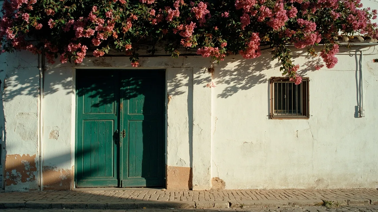 Usucapión: casa de pueblo encalada con puerta de madera verde y fachada agrietada