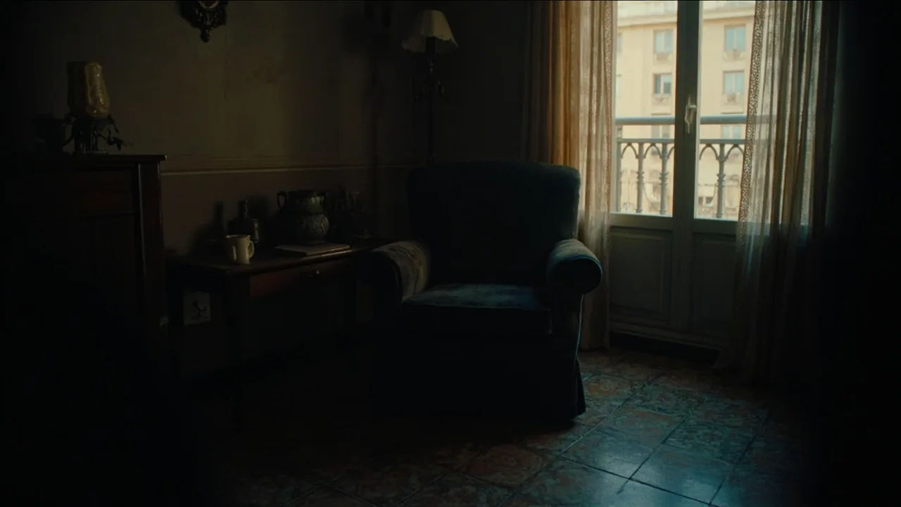 Usufructo: salón antiguo con un sillón junto al balcón en un piso español