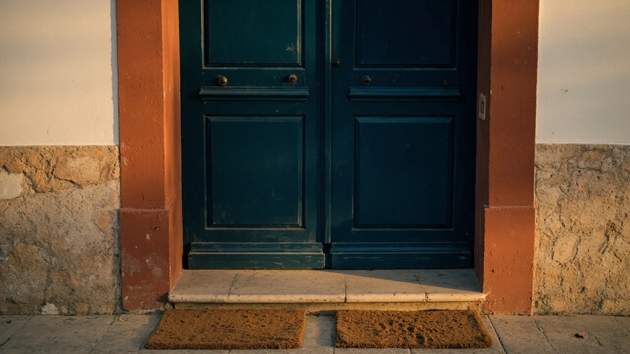 Disolución de condominio entre hermanos: entrada de una casa familiar con dos felpudos