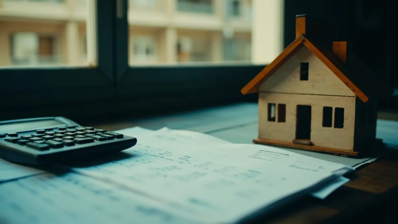 Ejemplo de extinción de condominio: calculadora, hojas de cálculo y maqueta de casa sobre un escritorio