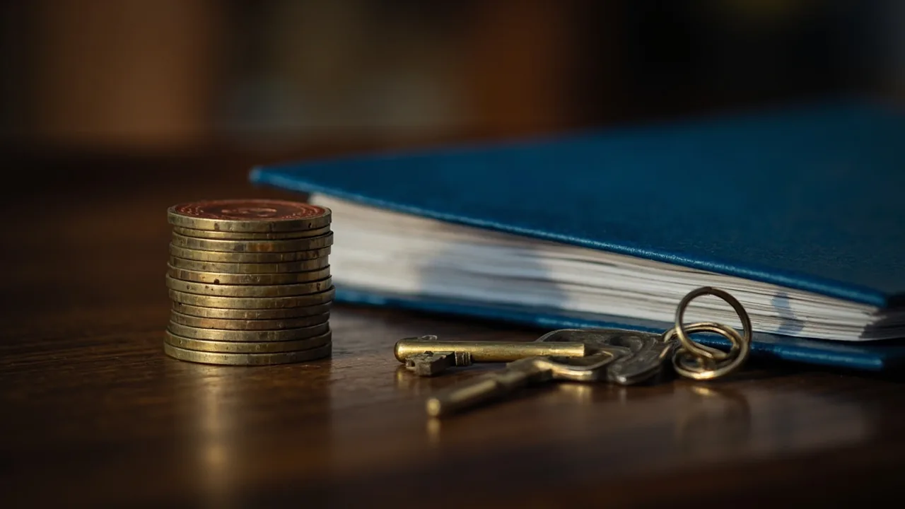 Monedas apiladas y una llave sobre la mesa del notario