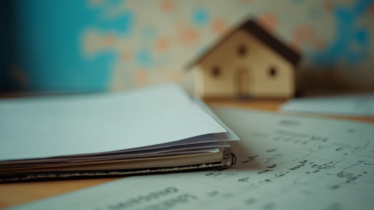 Indivisos inmobiliarios: mesa con carpeta, casita y mapa desenfocado