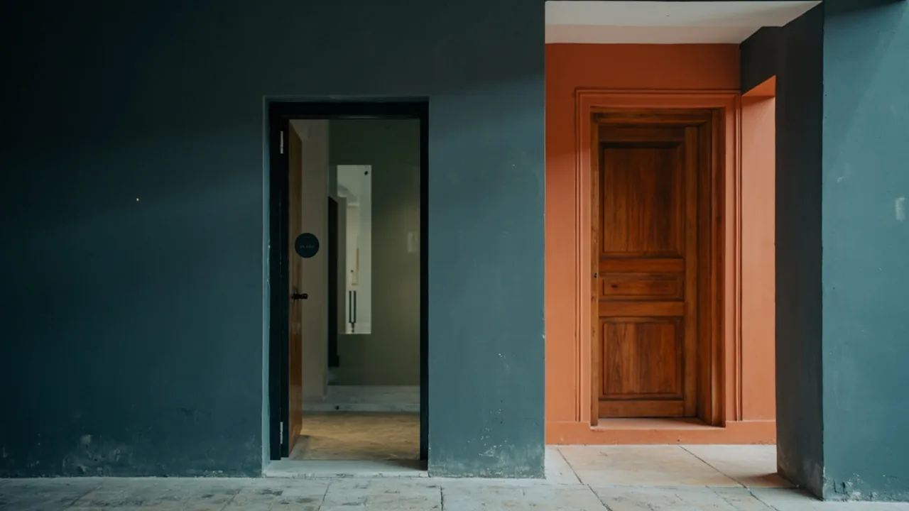 Inmobiliarias que compran pisos al contado: dos puertas de oficina en un pasillo, una moderna y otra clásica