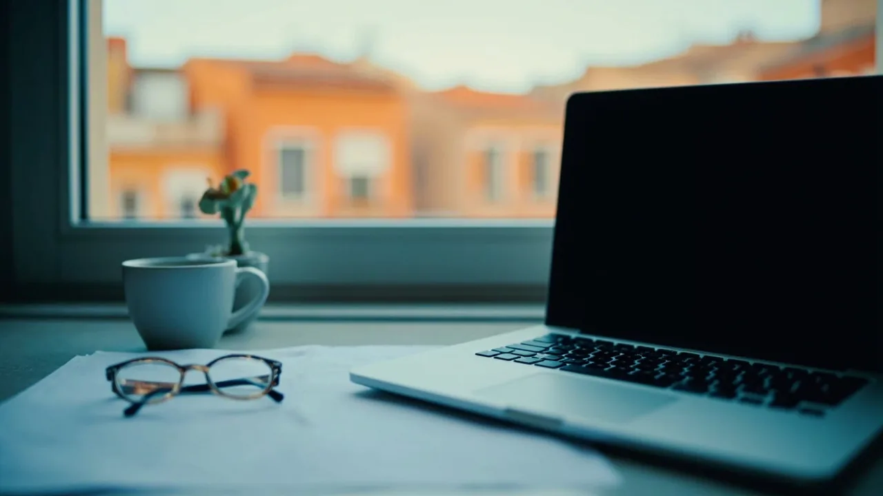 Portátil cerrado, gafas y hoja en blanco junto a una ventana