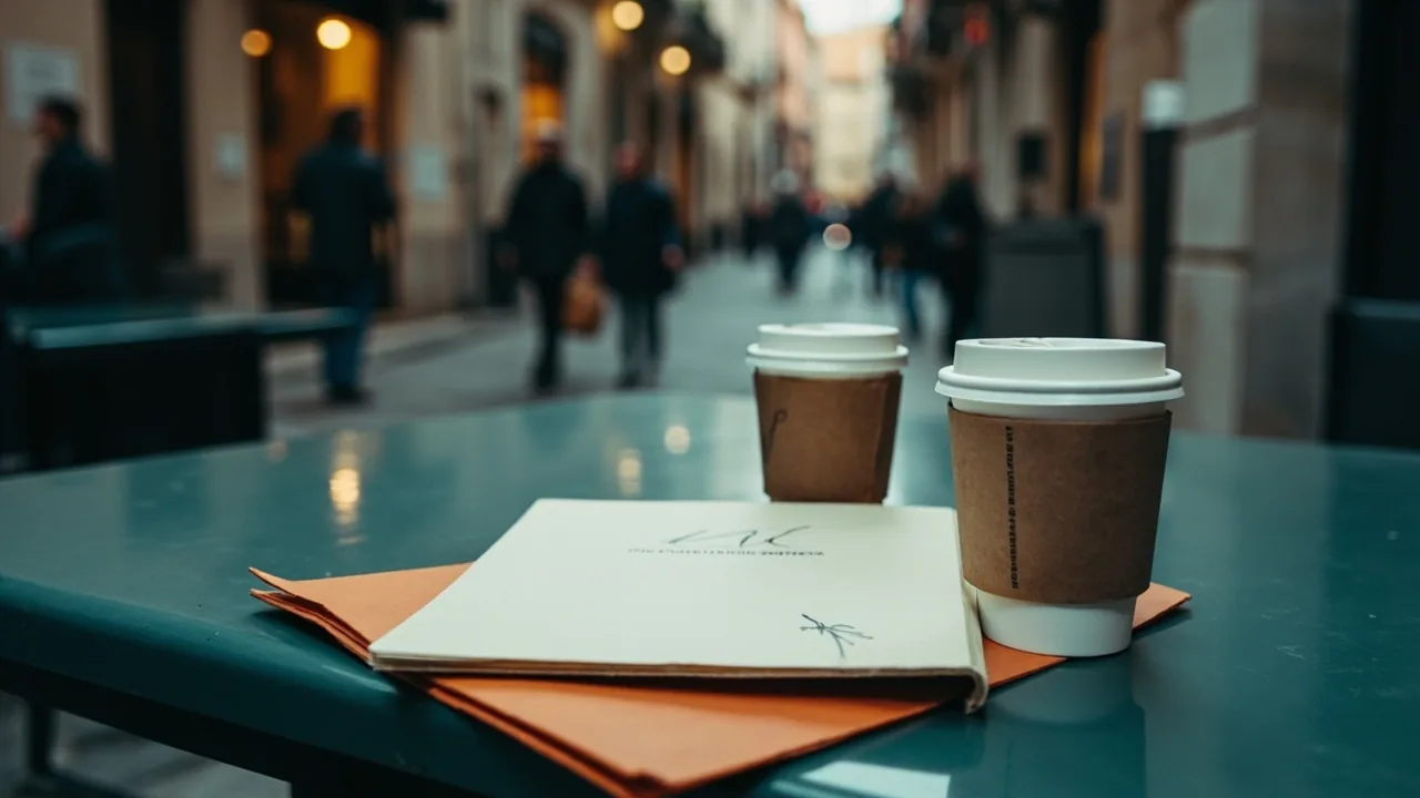 Opiniones empresas que compran proindivisos: dos cafés y una carpeta firmada en la mesa de una cafetería