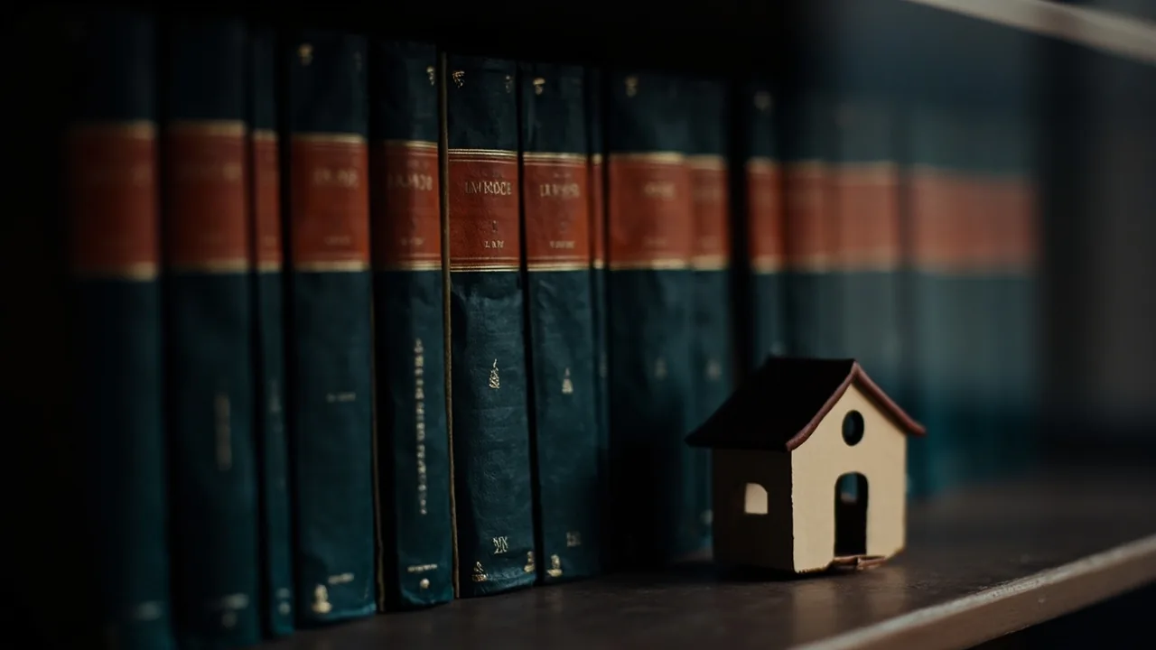 Proindiviso en el Código Civil: libros de leyes y una casita en una estantería