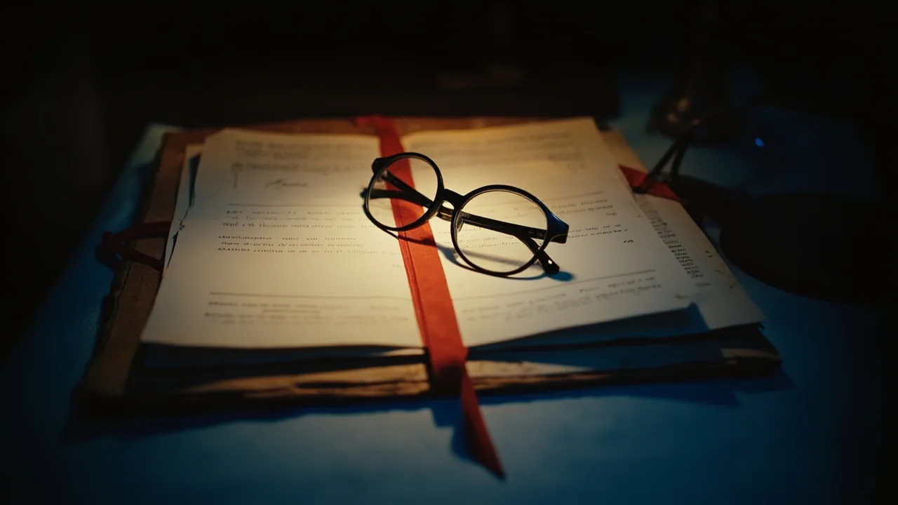 Que significa proindiviso en una escritura: carpeta de escritura antigua con cinta roja y gafas