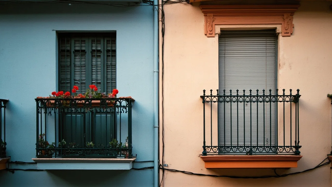 Uno quiere vender y el otro no: dos balcones del mismo edificio, uno con flores y otro cerrado