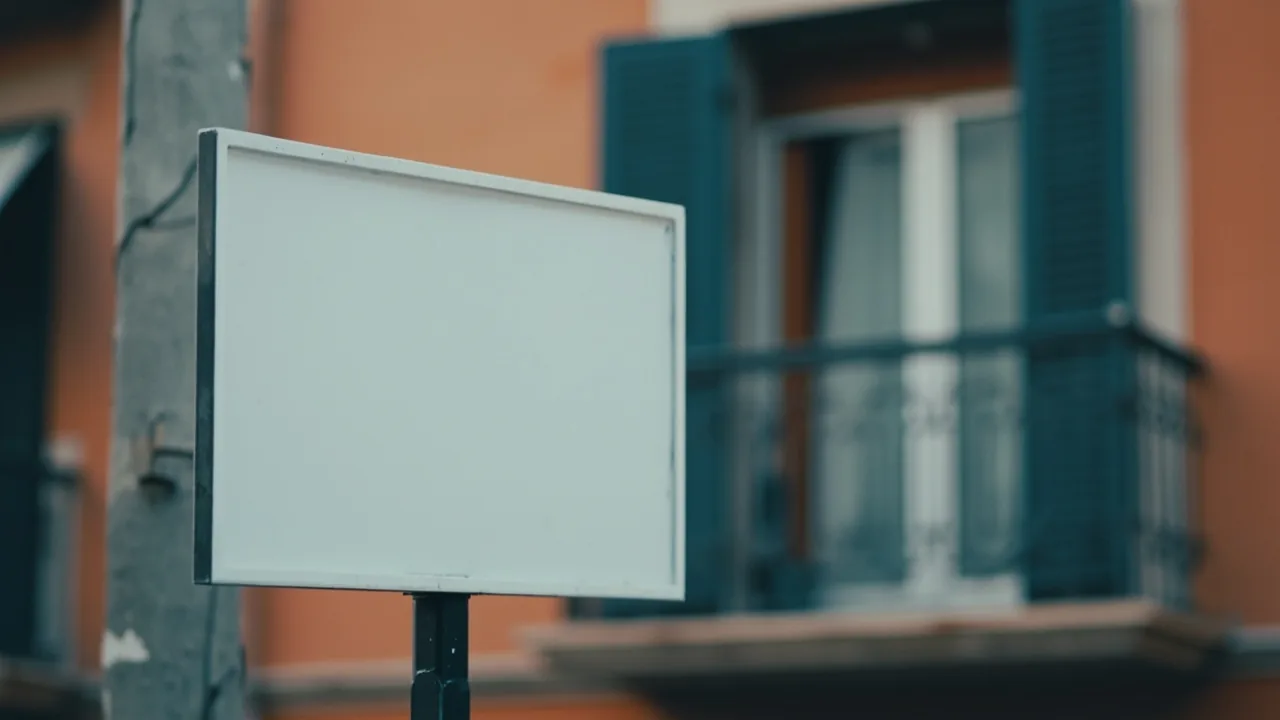 Uno quiere vender y el otro no: cartel sin texto frente a un bloque de pisos