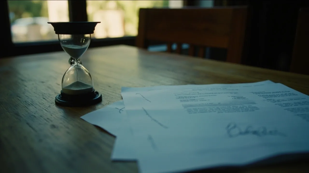 Urge vender por herencia: reloj de arena casi vacío junto a una escritura