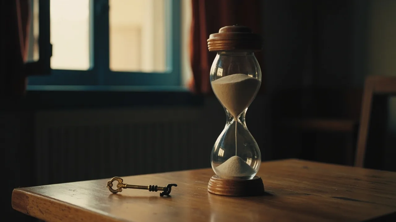 Urge vender por herencia: reloj de arena junto a una llave de casa