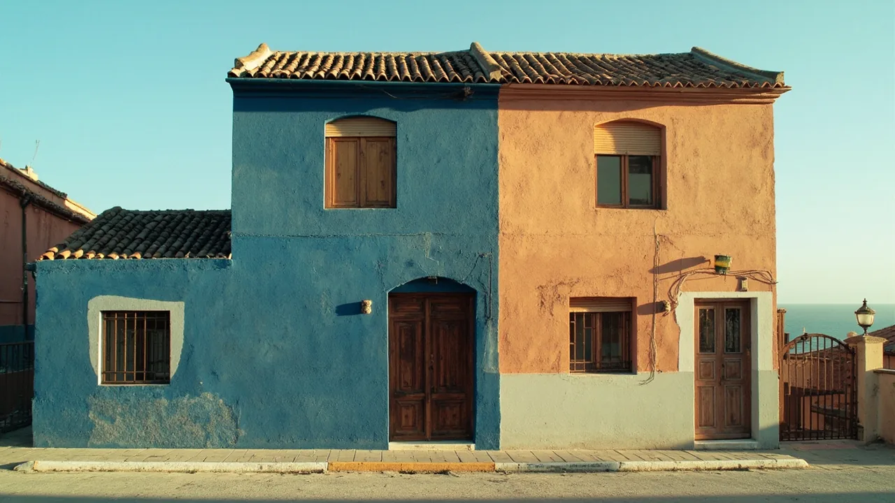 Vender la mitad de una casa: casa pareada con una mitad pintada y otra desgastada