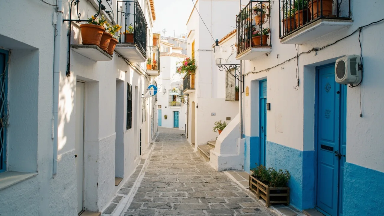 Vender o hacer extinción de condominio: calle blanca de un pueblo español que se divide en dos callejones