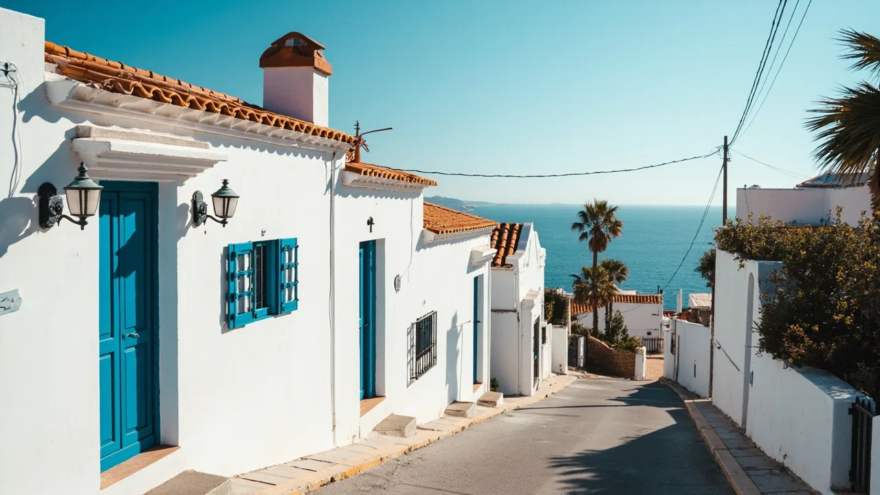 Vender proindiviso en Alicante: casas blancas con puertas azules en una ladera de Alicante