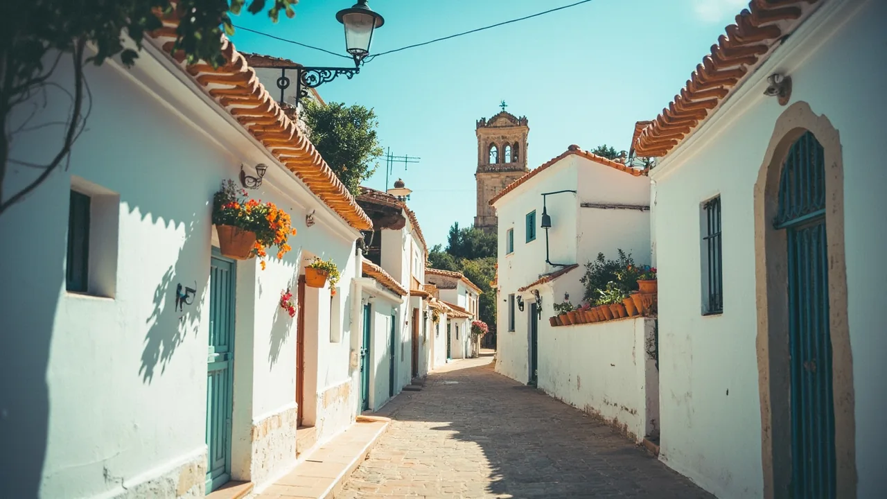 Calle de un pueblo blanco andaluz con macetas y tejados de teja, donde compramos proindivisos