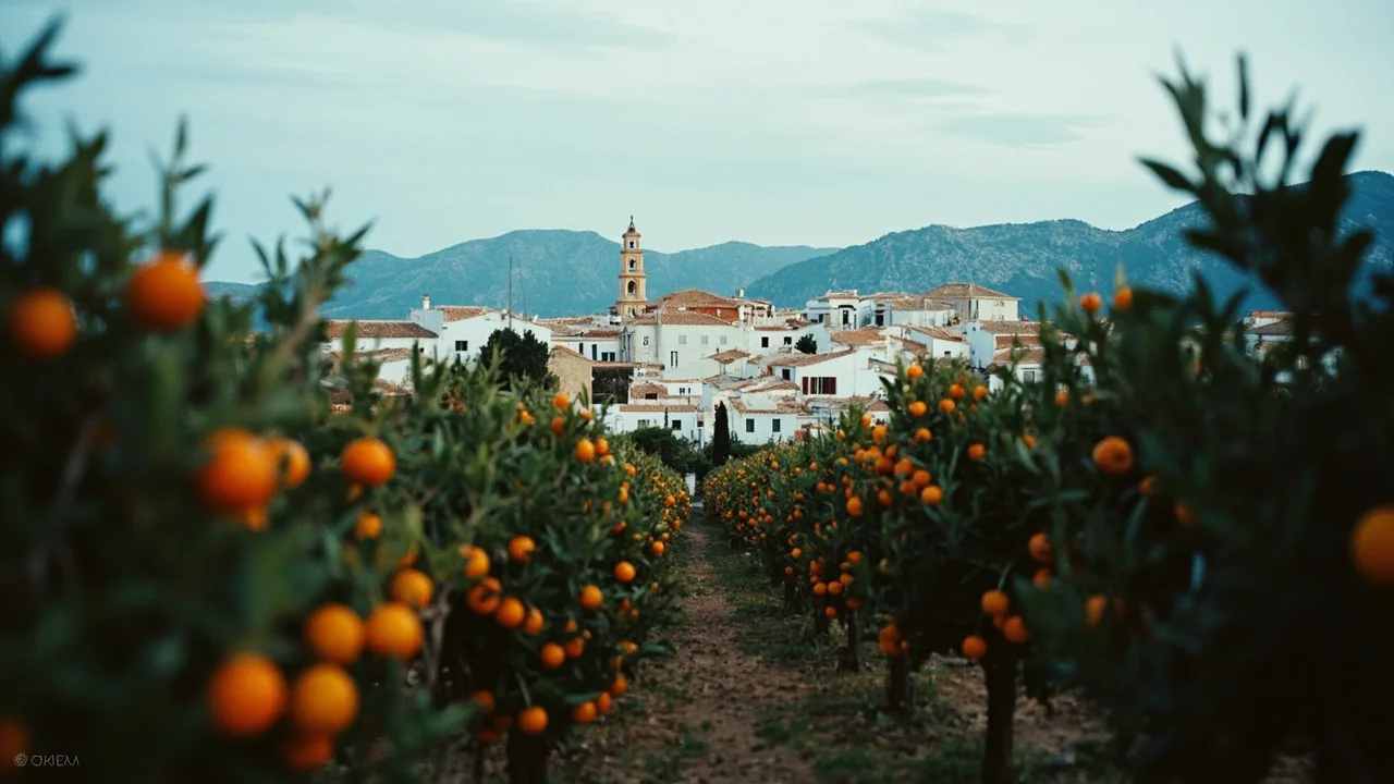 Vender proindiviso en la provincia de Castellón: naranjos frente a un pueblo de casas blancas en Castellón