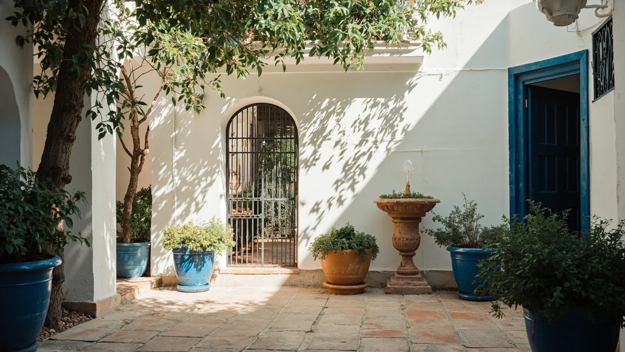 Vender proindiviso en Córdoba: patio cordobés con macetas azules y fuente