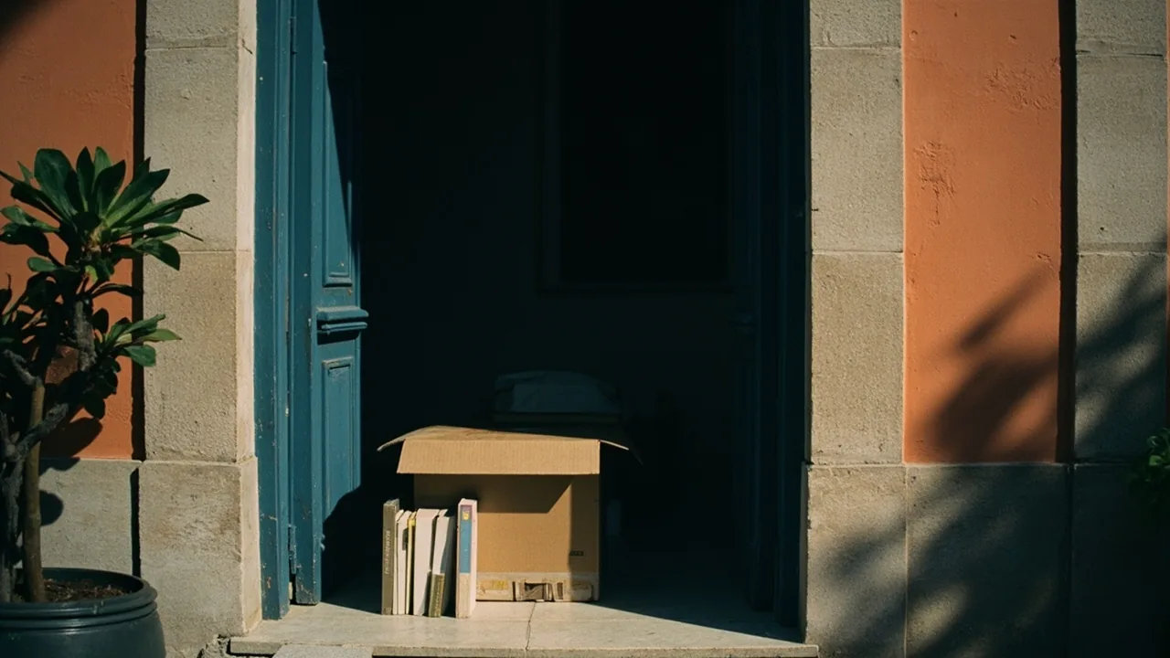 Vender parte de la casa tras un divorcio: caja de mudanza y una planta junto a la puerta de un piso
