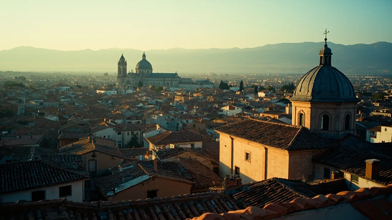 Vender proindiviso en toda España: vista aérea de tejados de una ciudad española al atardecer