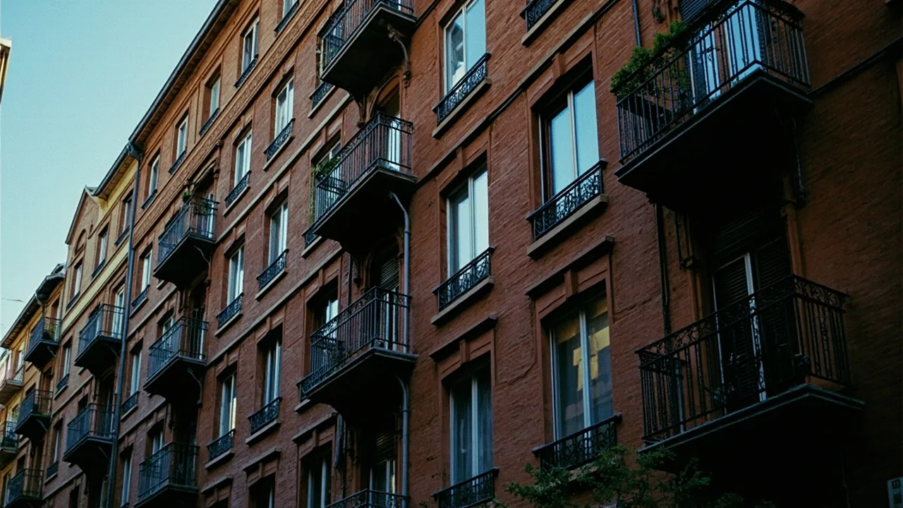 Edificios de ladrillo con balcones de forja en un barrio de Madrid, donde compramos proindivisos