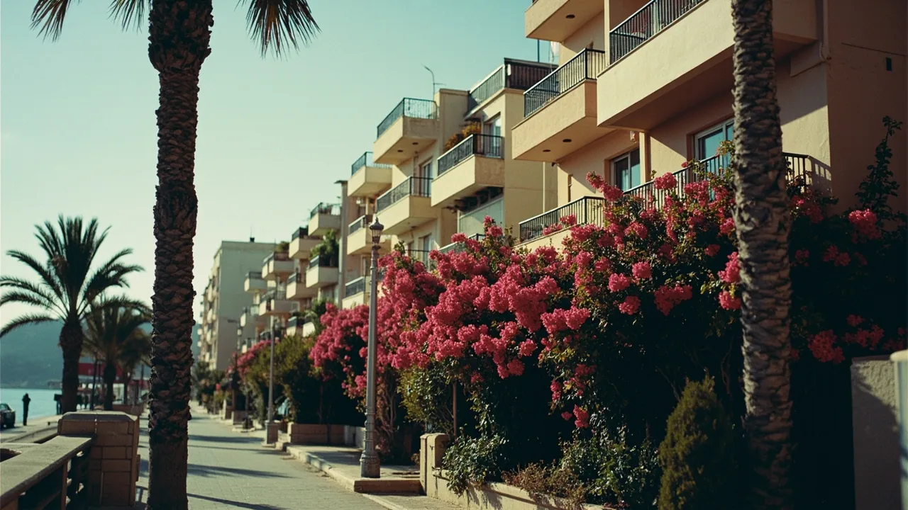 Vender proindiviso en Málaga: edificios con terrazas y buganvillas junto al paseo marítimo en Málaga