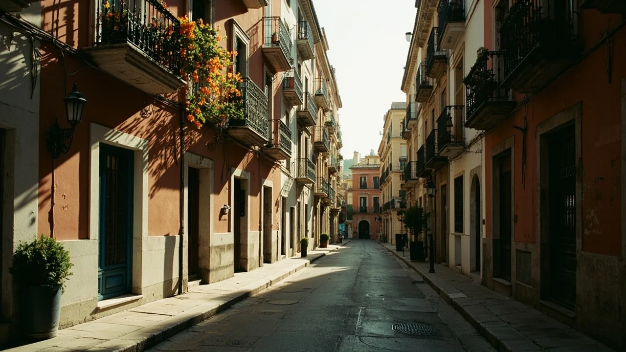 Vender proindiviso en Sevilla: calle sevillana con fachadas ocres, balcones de forja y naranjos
