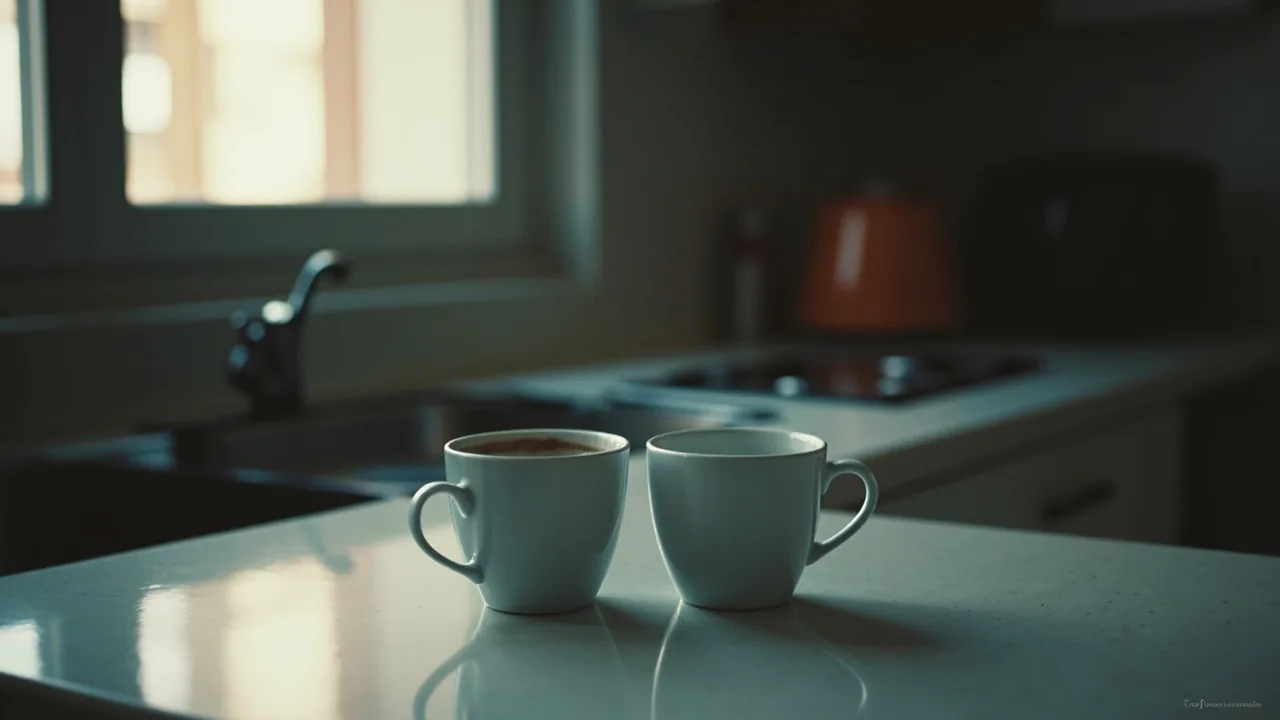 Vender tu parte de la casa a tu pareja: dos tazas de café en la encimera, una llena y otra vacía